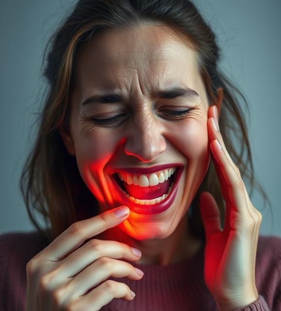 A woman is laughing with her mouth open and her hands on her face.