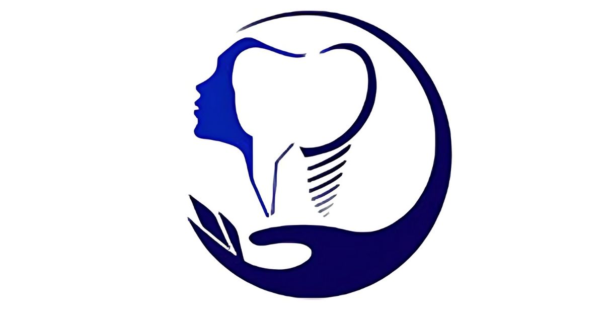 A dental logo with a hand holding a tooth and a woman 's face.