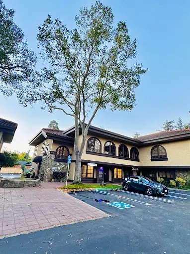 A large building with a tree in front of it and cars parked in front of it.
