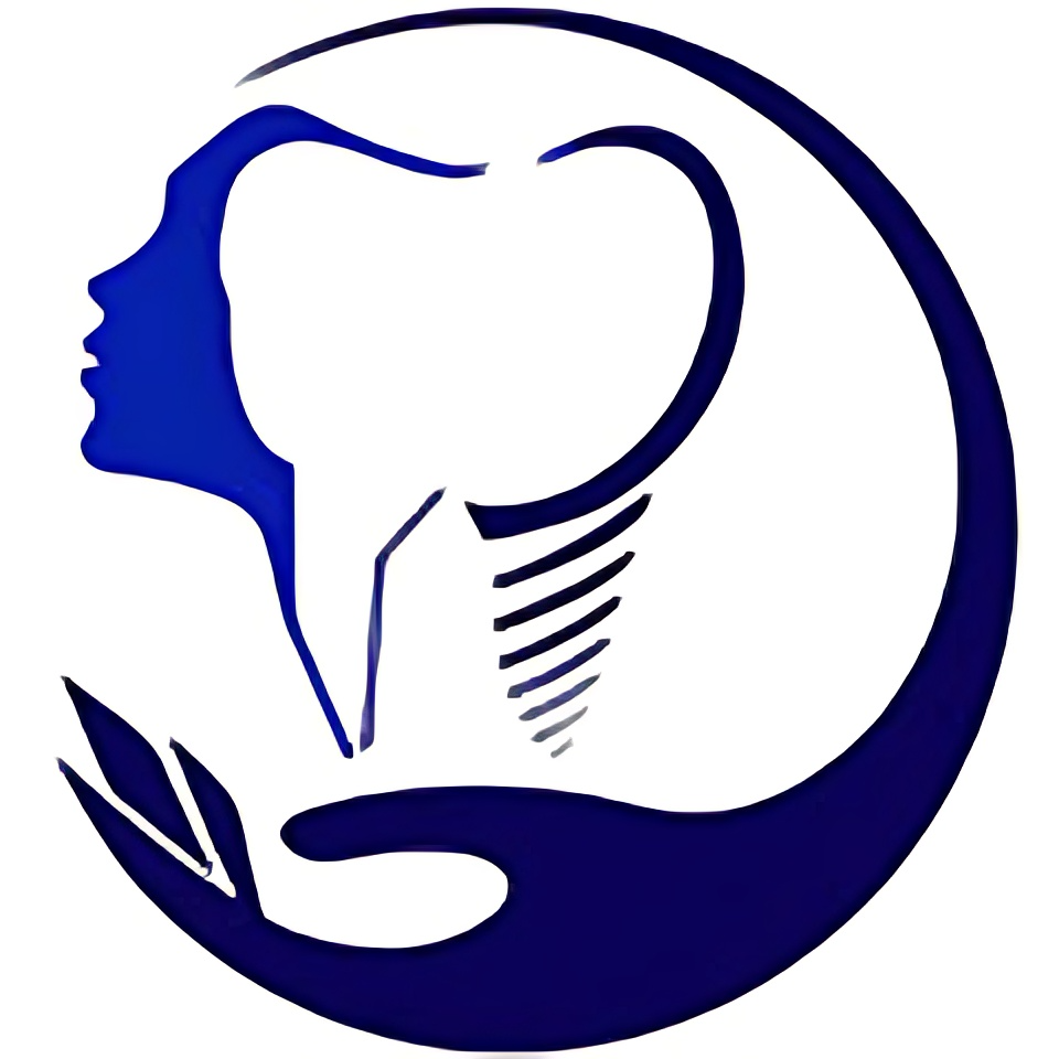 A dental logo with a hand holding a tooth and a woman 's face.