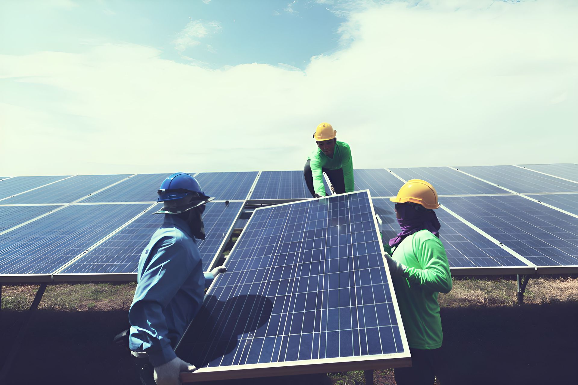 Three Men Are Installing A Solar Panel On A Roof — Entire Power Solutions In Wallsend, NSW