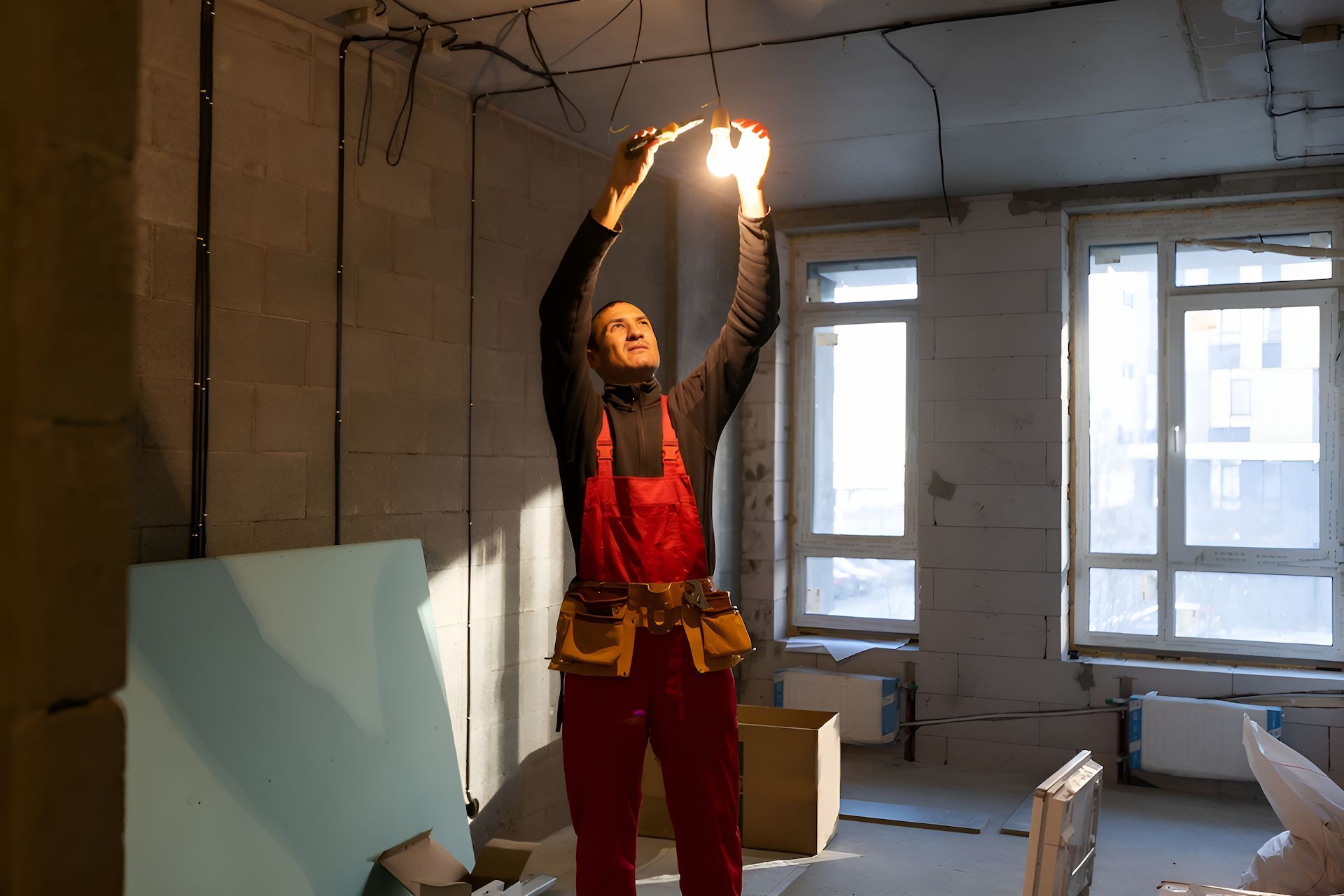 A Man Is Testing A Hanging Lightbulb — Entire Power Solutions In Charlestown, NSW