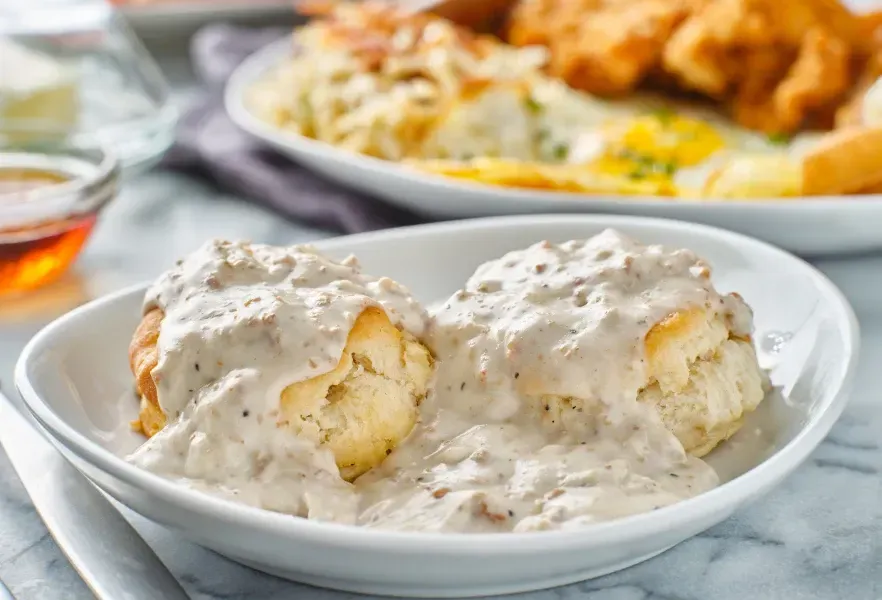 A close up of a plate of biscuits and gravy on a table.