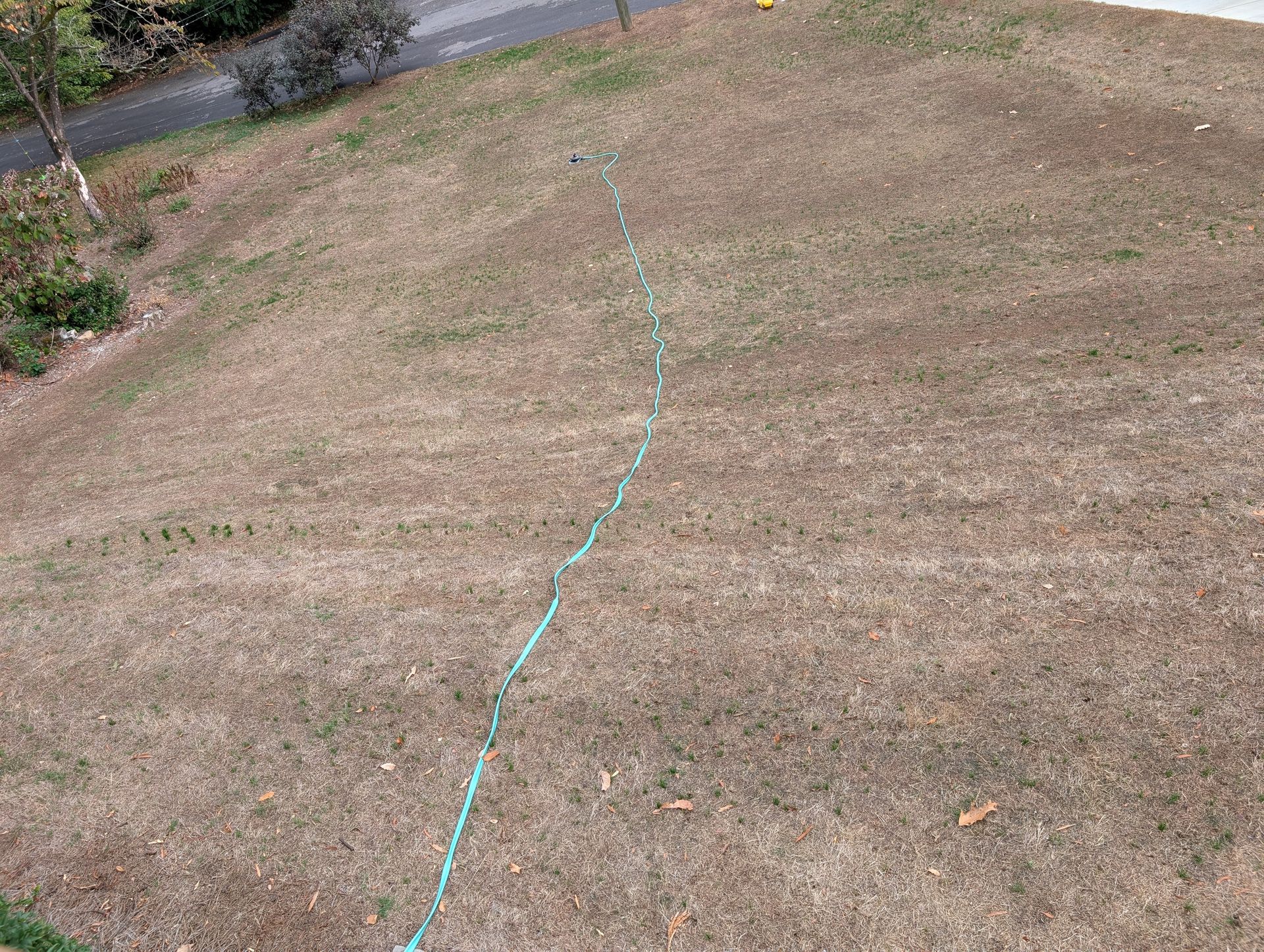 A hose is laying in the middle of a dry grass field.