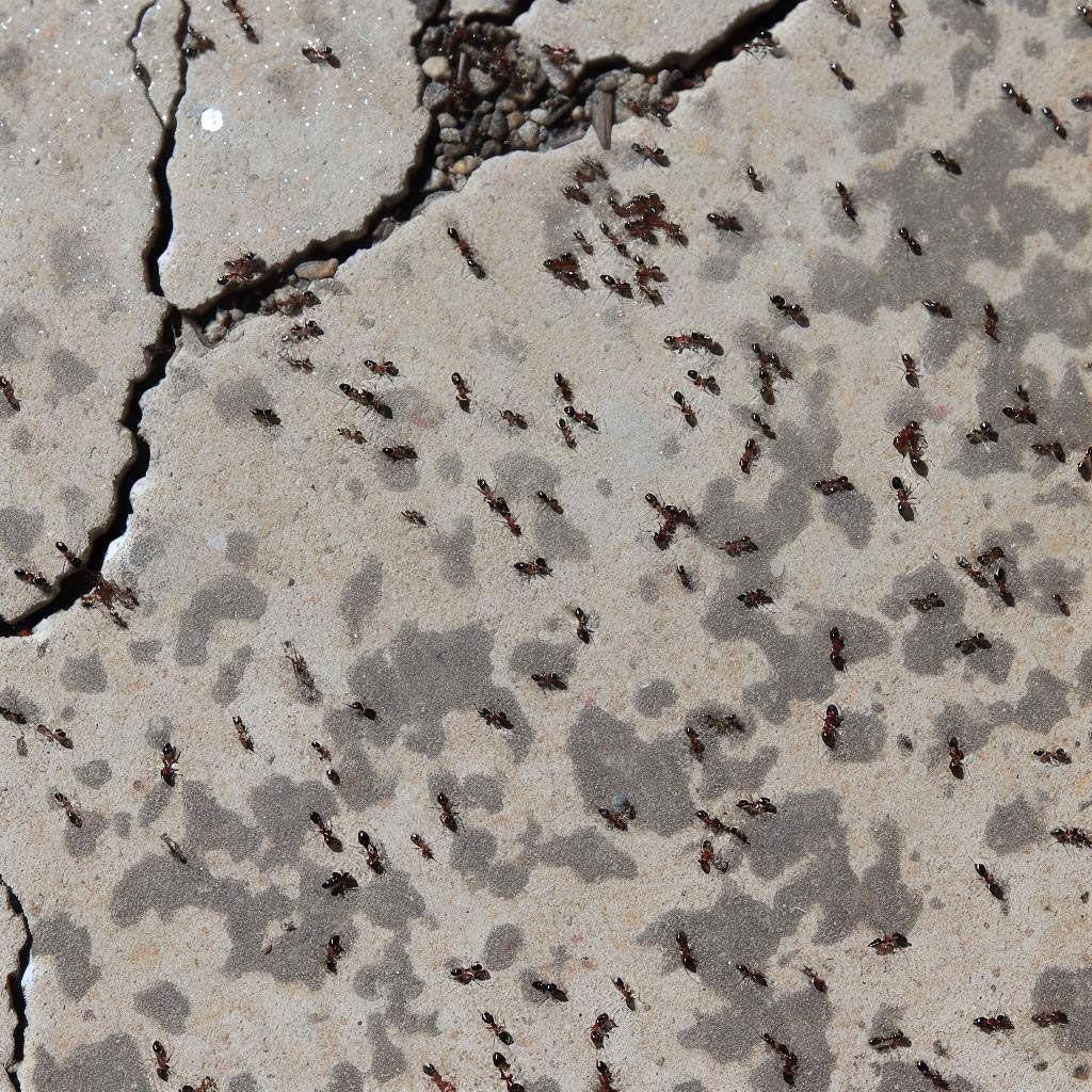 Brown ants crawling on cracked concrete.