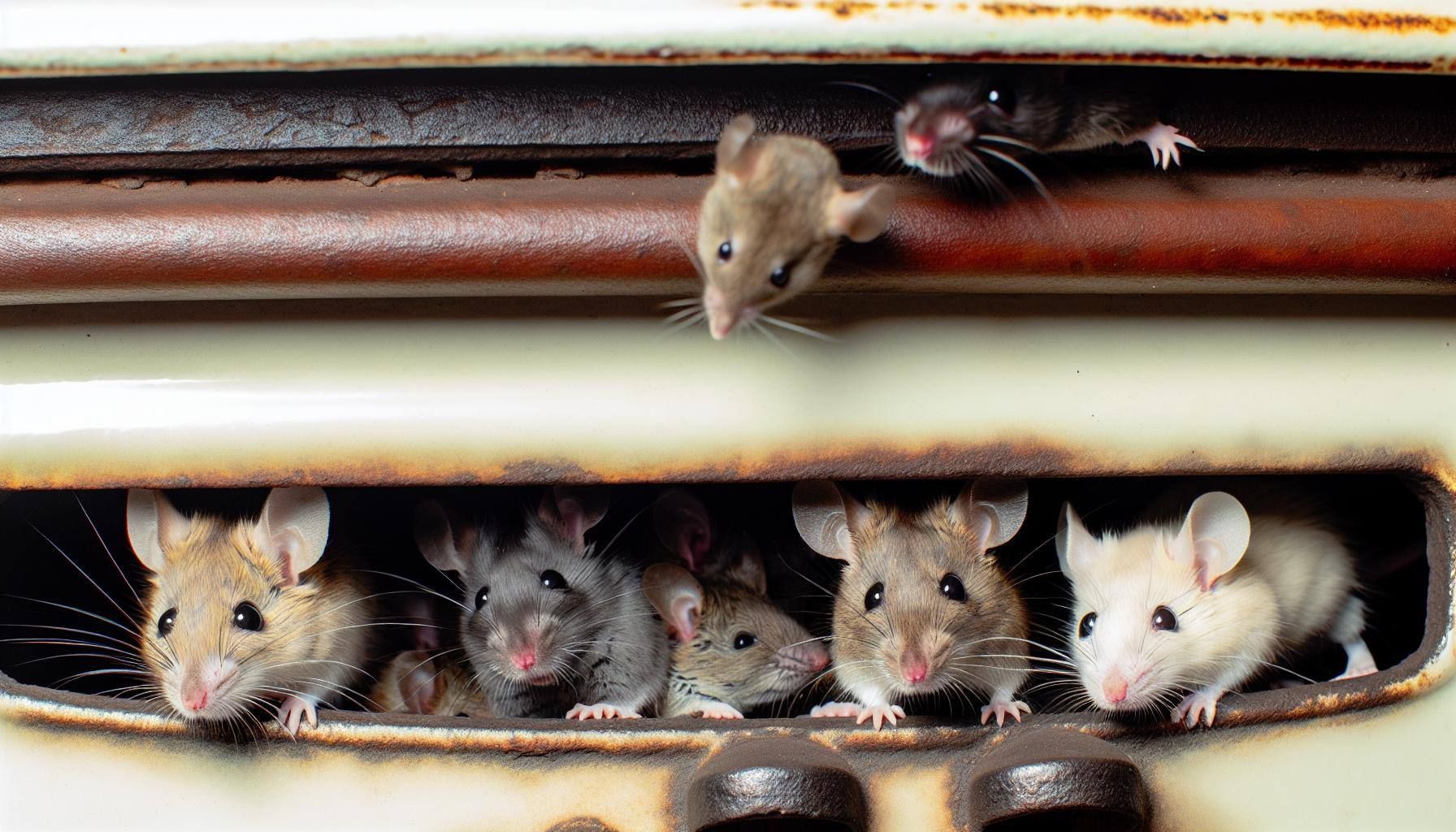 Mice inside and on top of a weathered appliance, looking out.