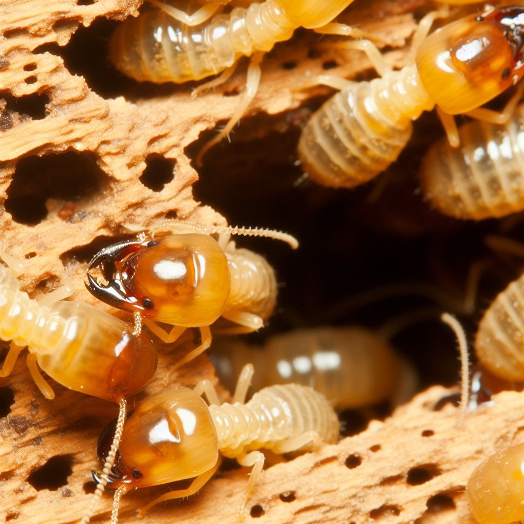 Termites inside wood; some with dark heads, clustered together.