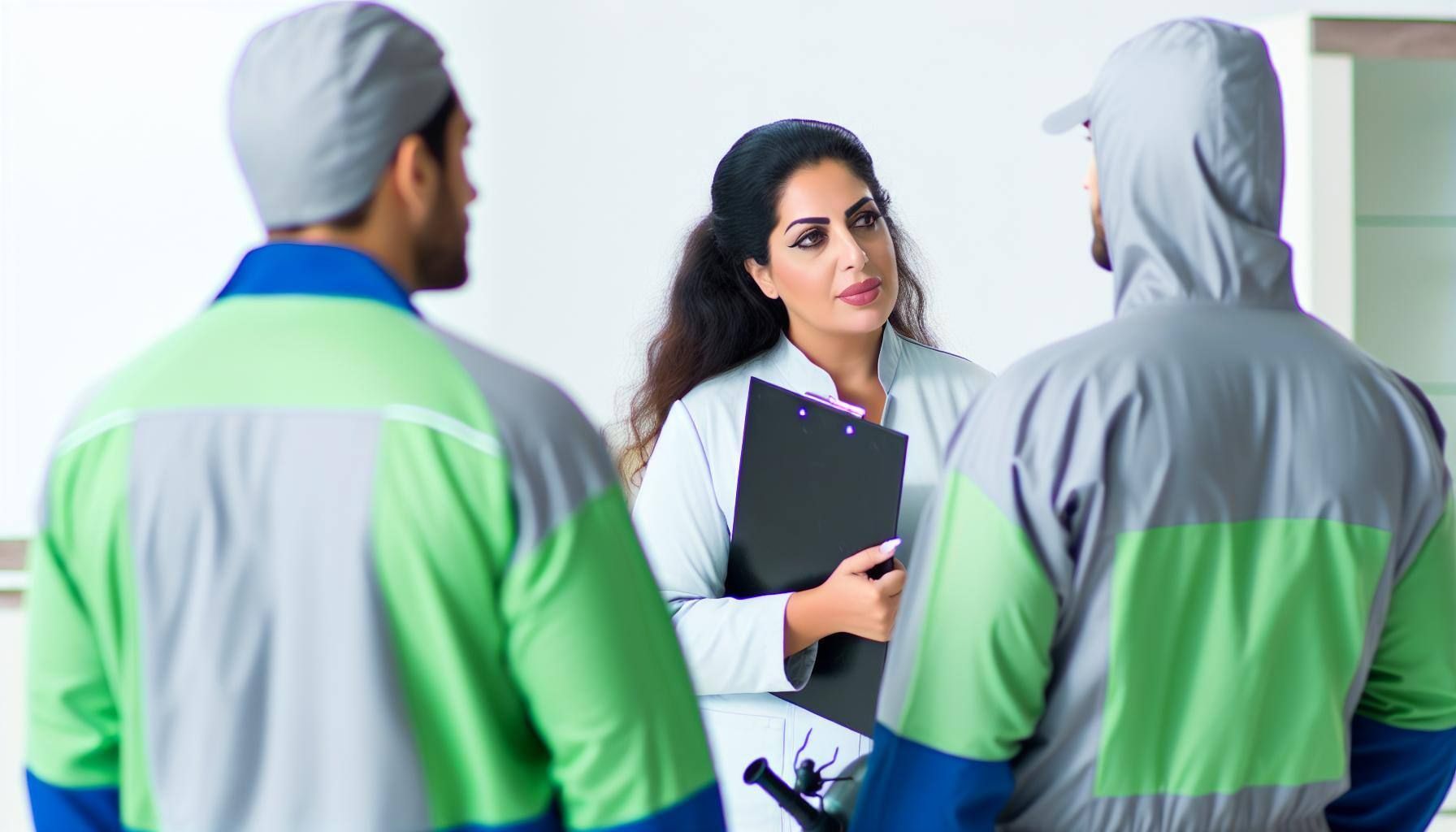 Woman in white coat holding clipboard speaks to two workers in green and gray uniforms.