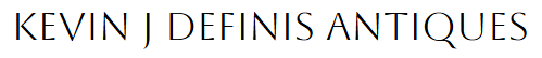 KEVIN J DEFINIS ANTIQUES, logo with black text on a white background.