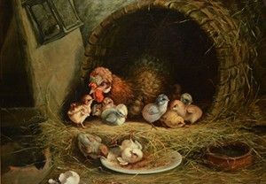 A hen and chicks huddled in a nest, with hatched eggs nearby.