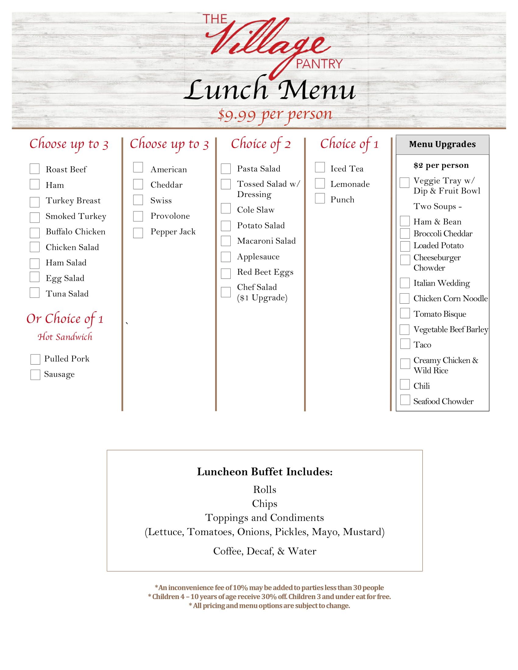 Lunch Menu List — Tyrone, PA — The Village Pantry