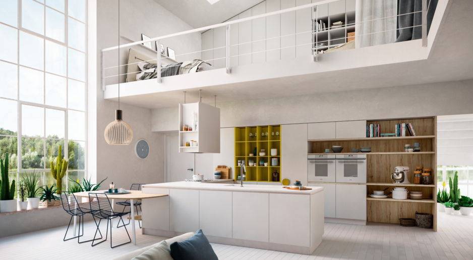 open space con soppalco e cucina con arredi bianchi