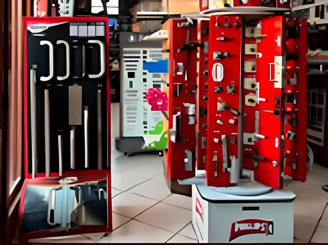 Exhibición en ferretería de manillas y cerraduras para puertas, rojas y blancas, sobre soportes y en las paredes.