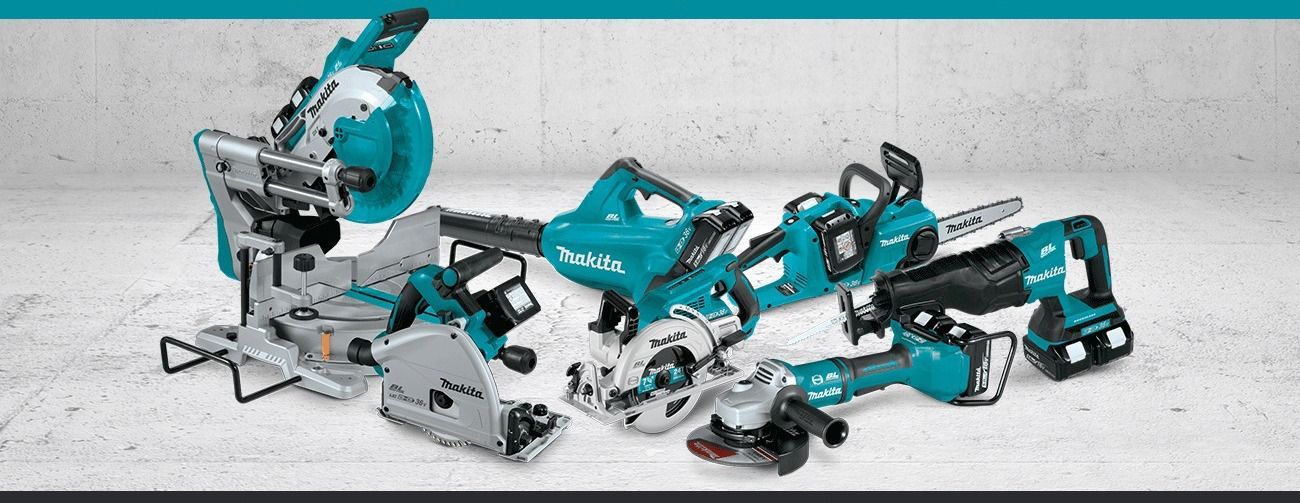Colección de herramientas eléctricas en color verde azulado y plateado, que incluye una sierra ingletadora y una sierra circular, expuestas sobre un fondo blanco.