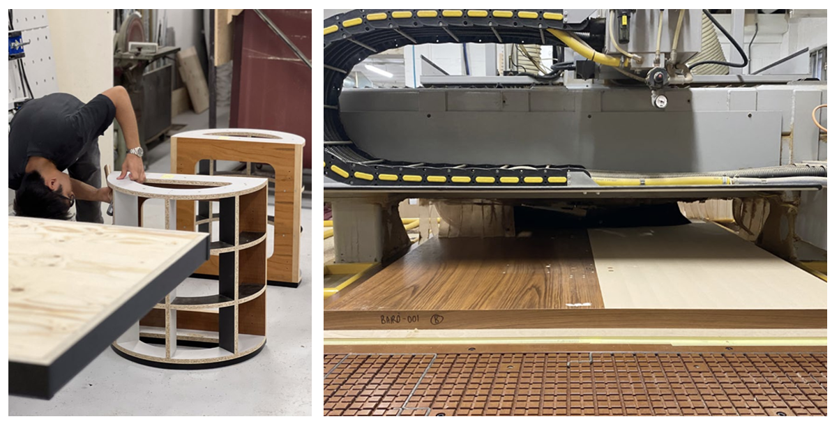 Left:  The internal structure of the base is made using the same original material, mixed with other end of life boards. Right: The original veneer is removed by a CNC router, carefully removing the top millimetre, leaving a perfectly flat surface.