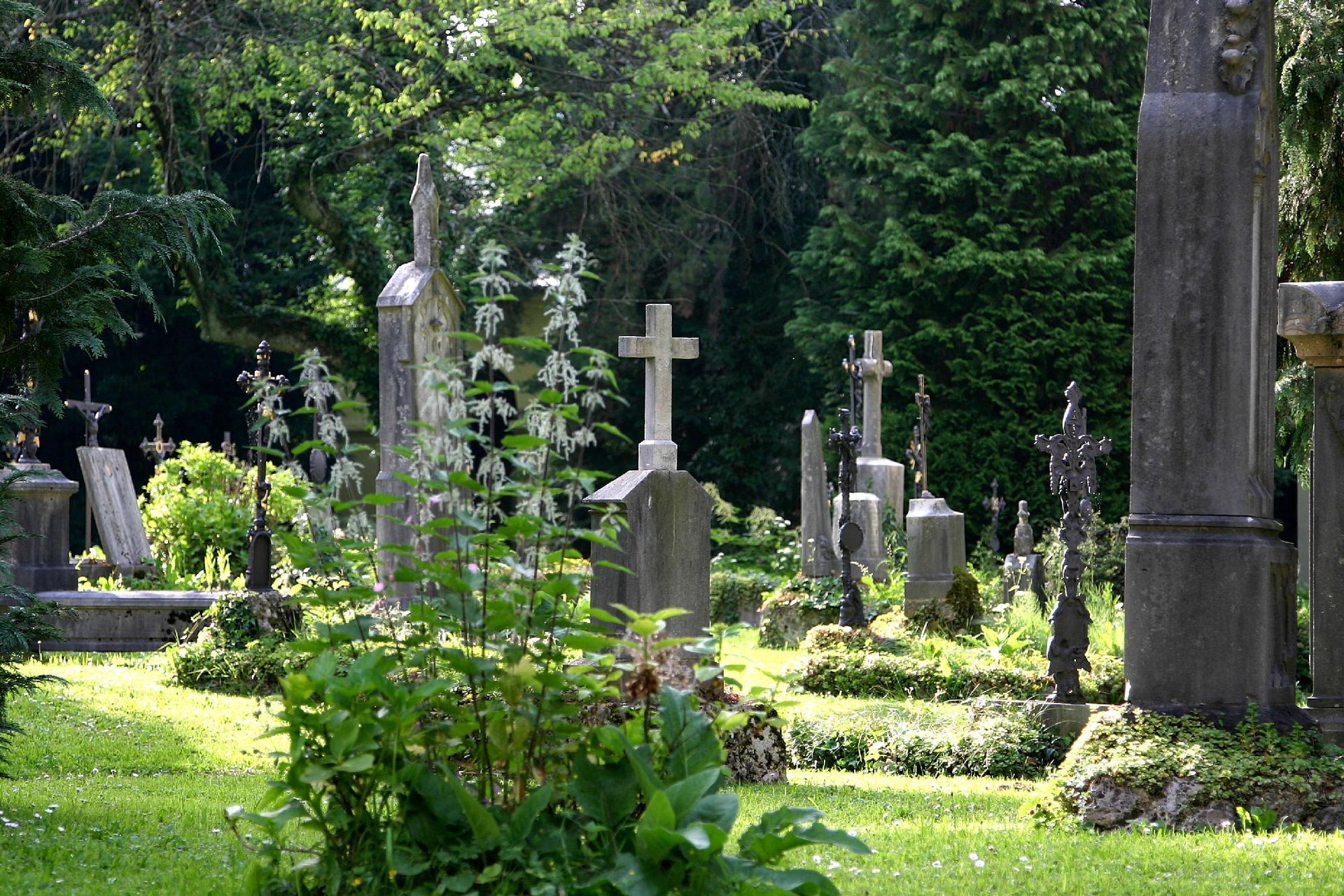 Croci di pietra e lapidi in un cimitero