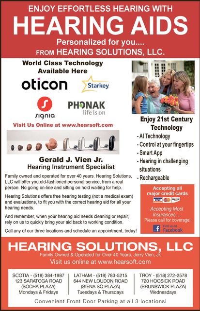 Advertisement for hearing aids from Hearing Solutions, LLC, showing Oticon, Starry, and offers.