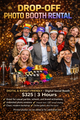 Group of people smiling, wearing props, advertising a photo booth rental starting at $275.
