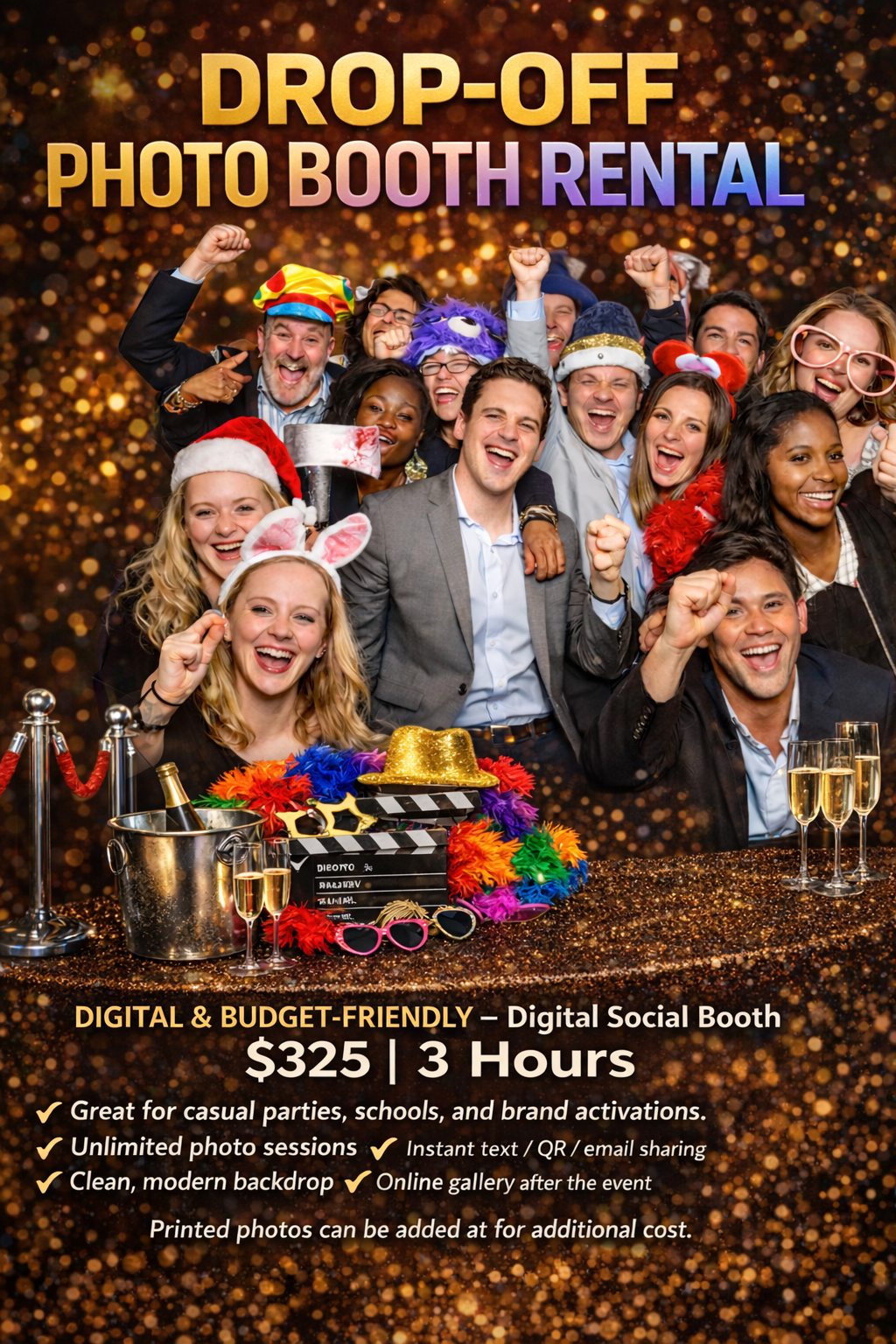 Group of people smiling, wearing props, advertising a photo booth rental starting at $275.