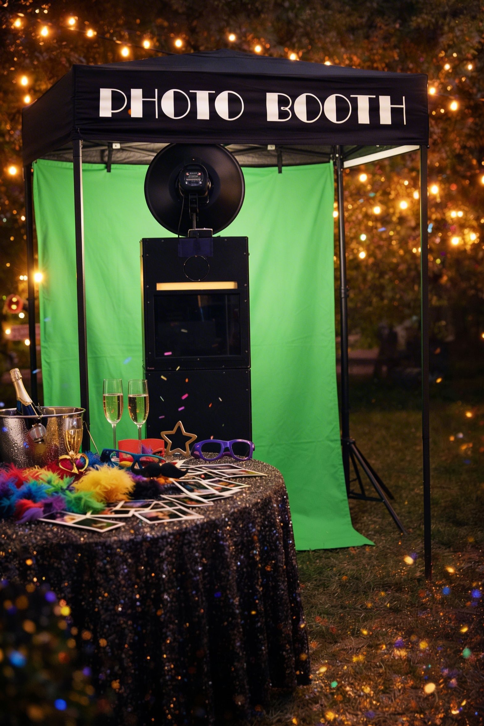 Four people posing in front of a green screen, wearing sunglasses and feather boa.