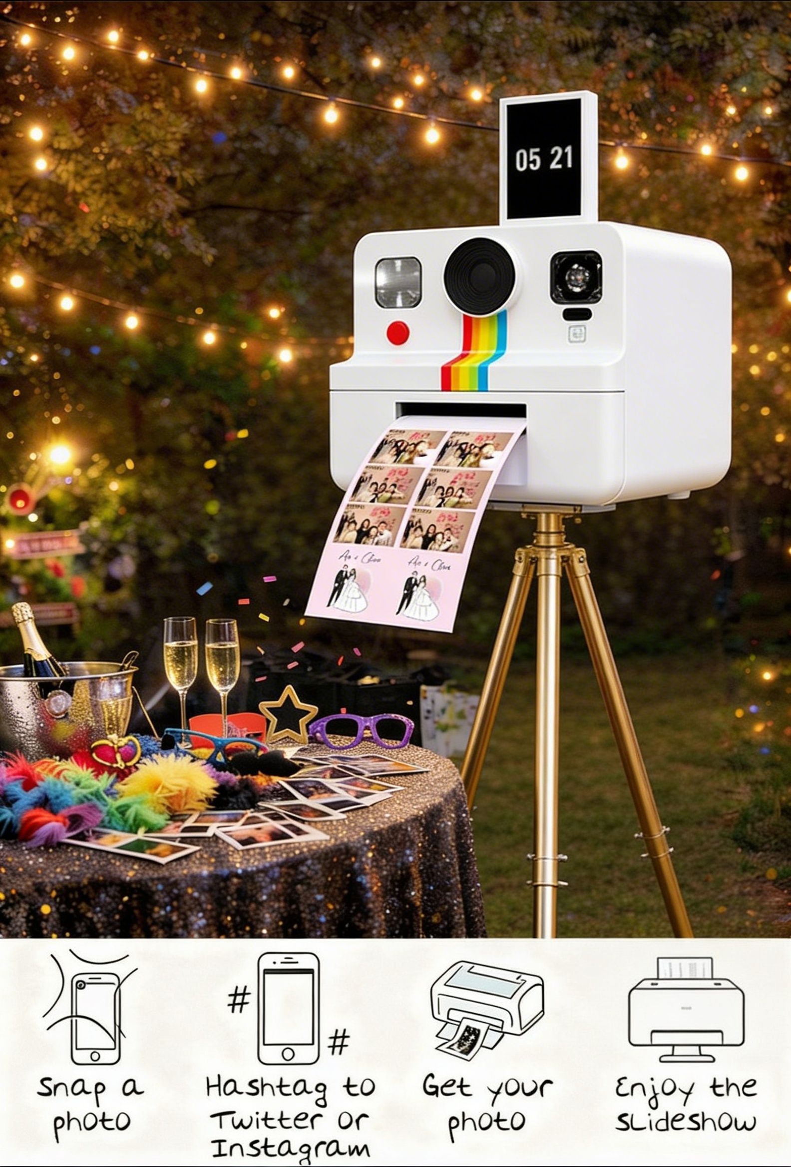 Steps to create a photo slideshow: Snap a photo, add a hashtag, print the photo, and enjoy. Yellow background.