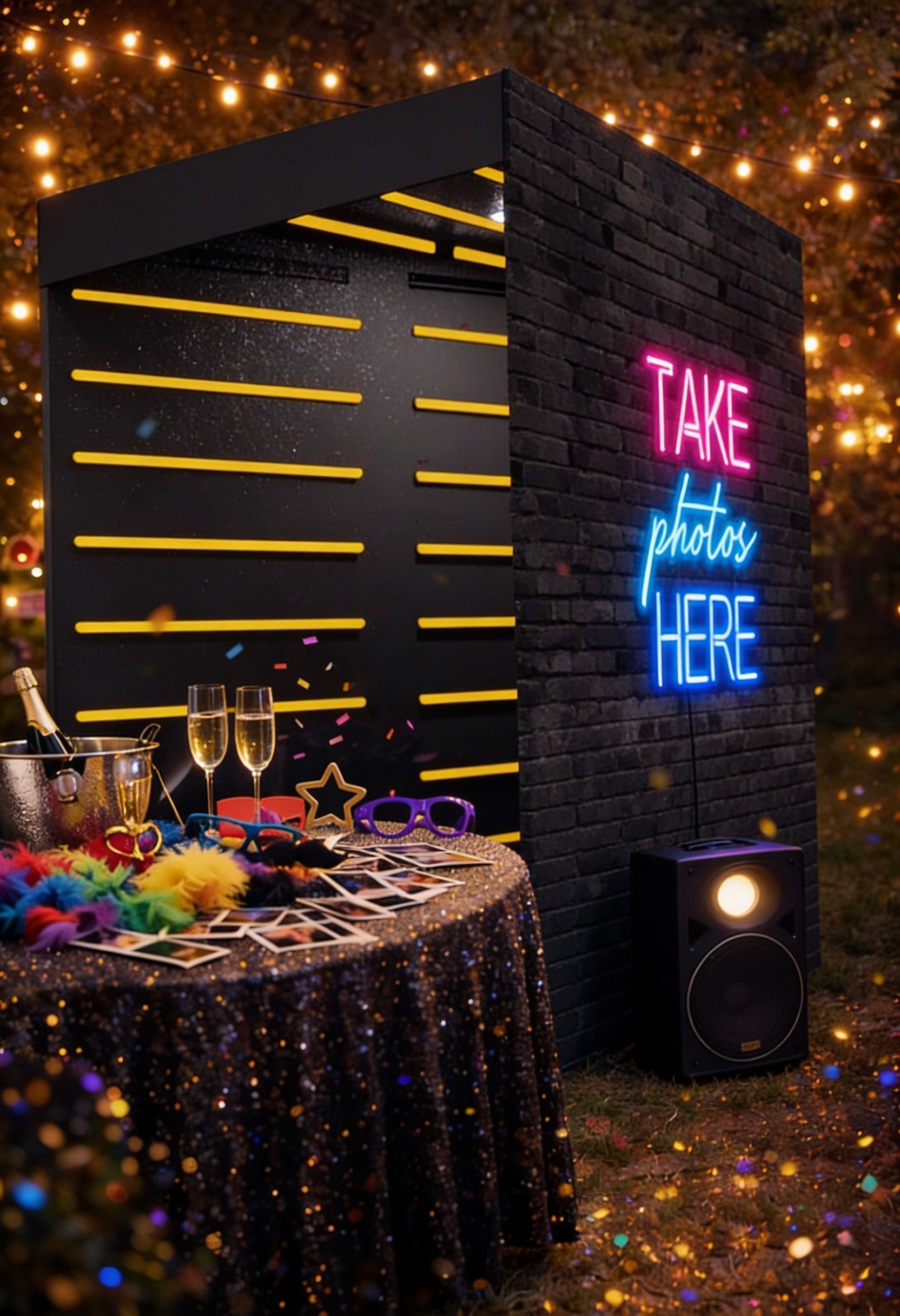 Woman in purple dress and man in afro, suit, and sunglasses pose with props in front of colorful streamers.