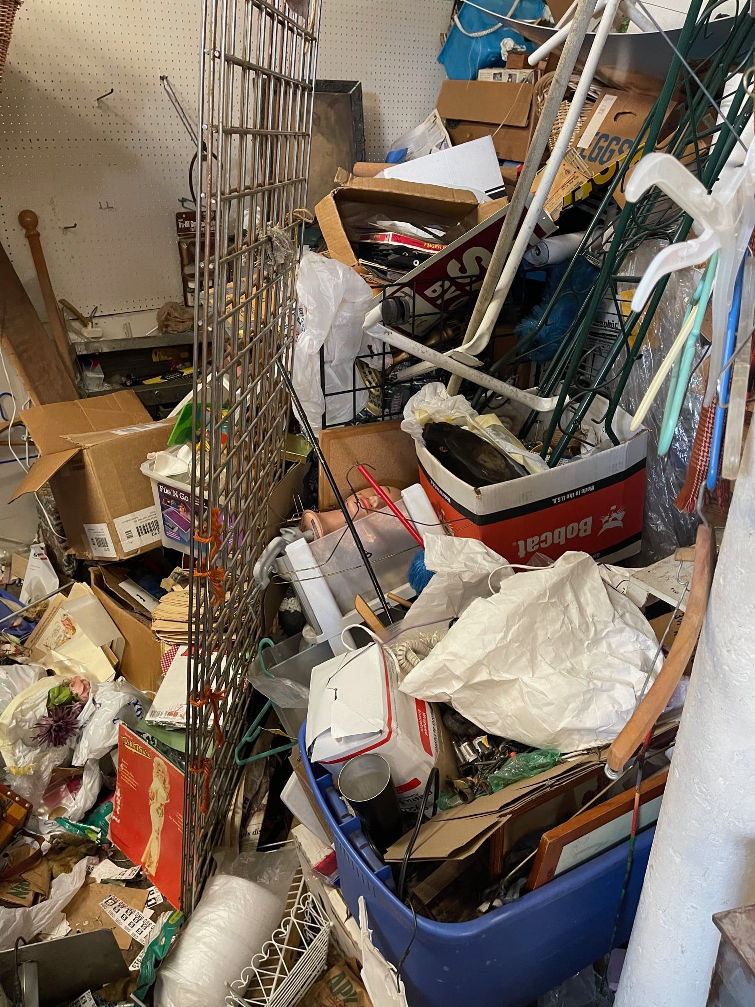 Cluttered storage space with boxes, metal rack, and various items in a mess.