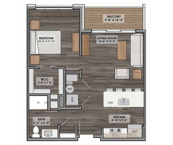 Floor plan of a one-bedroom apartment with a living room, kitchen, bathroom, and balcony.