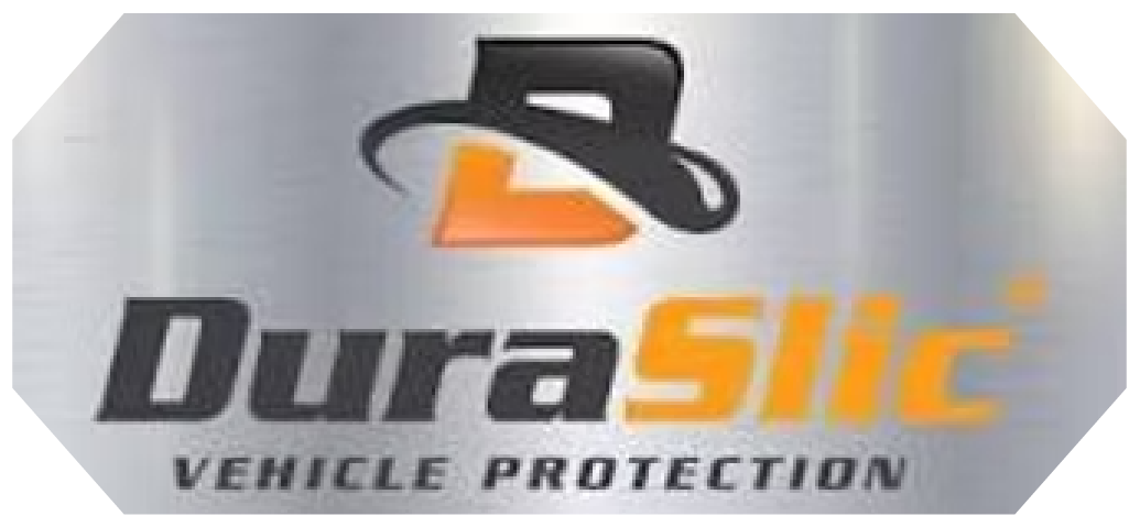 Logo for Durasilic Vehicle Protection in gray, black, and orange on a silver background.