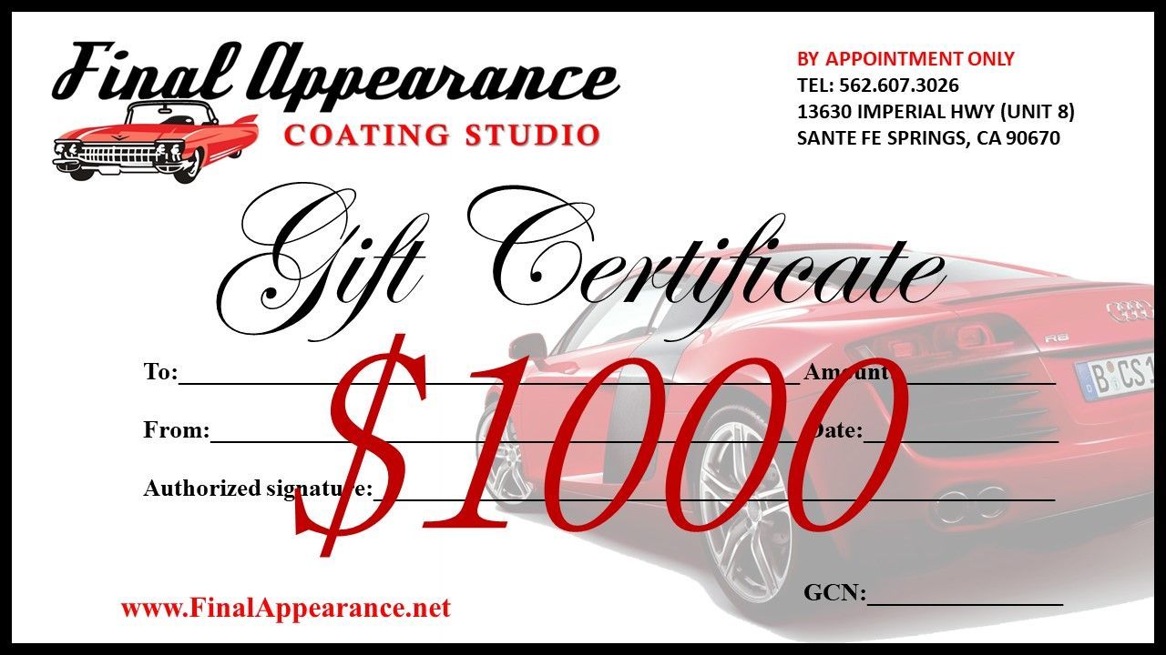 Gift certificate for Final Appearance Coating Studio. $1000 value. Red car graphic.