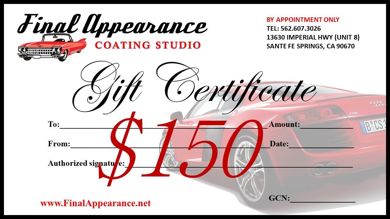 Gift certificate for Final Appearance Coating Studio. Includes a red car graphic and $150 amount.