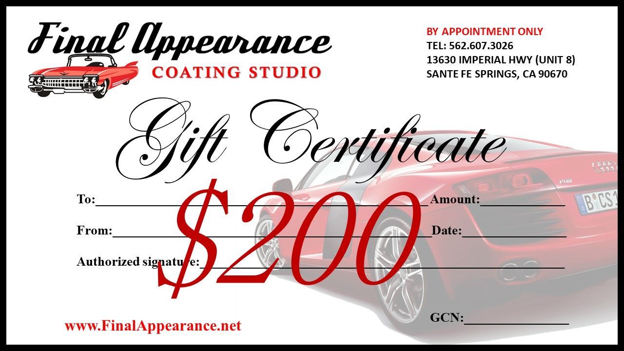 Gift certificate for Final Appearance Coating Studio; red car graphic, $200 value.