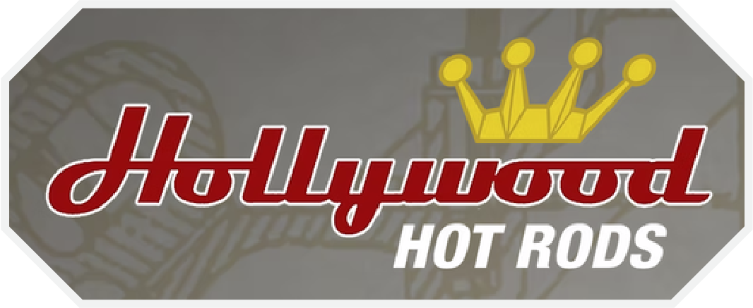 Logo for Hollywood Hot Rods. Red script text with a crown in a gray hexagon.