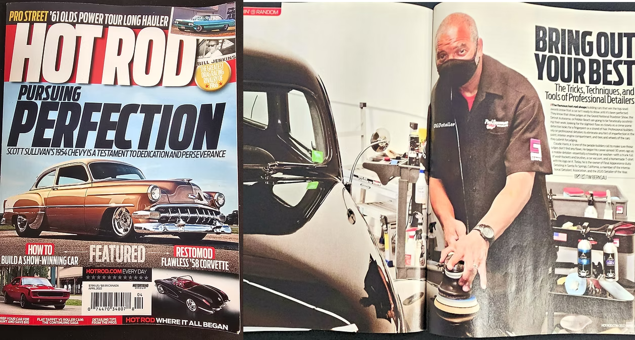 Hot Rod magazine cover with a classic car and an article inside showing a man working on a car, wearing a mask.