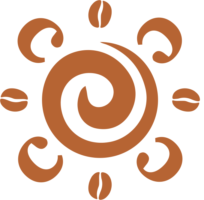 A swirl with coffee beans around it on a white background