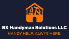 Logo for BX Handyman Solutions LLC with an orange house silhouette holding tools on a blue background.