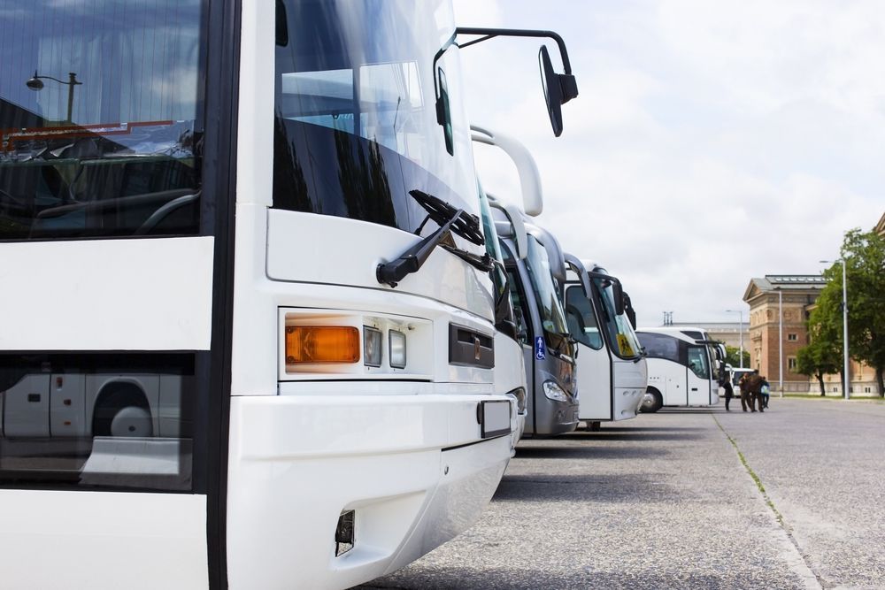 A Row of White Buses Are Parked in a Parking Lot — Isa Auto Glass & Upholstery In Menzies, QLD