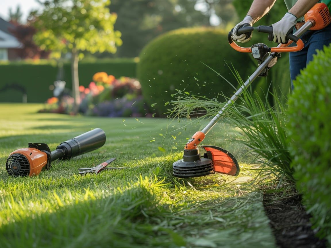 Person using orange and black weed trimmer to edge a lawn. A blower and shears are on the grass.