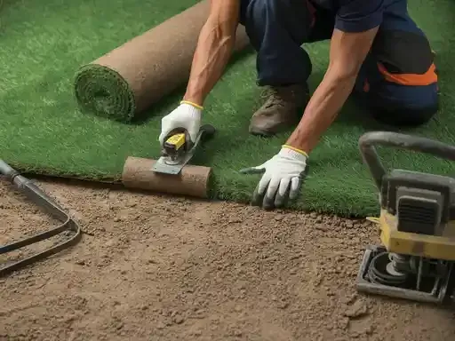 Man installing sod, using a roller to level, in an outdoor setting.
