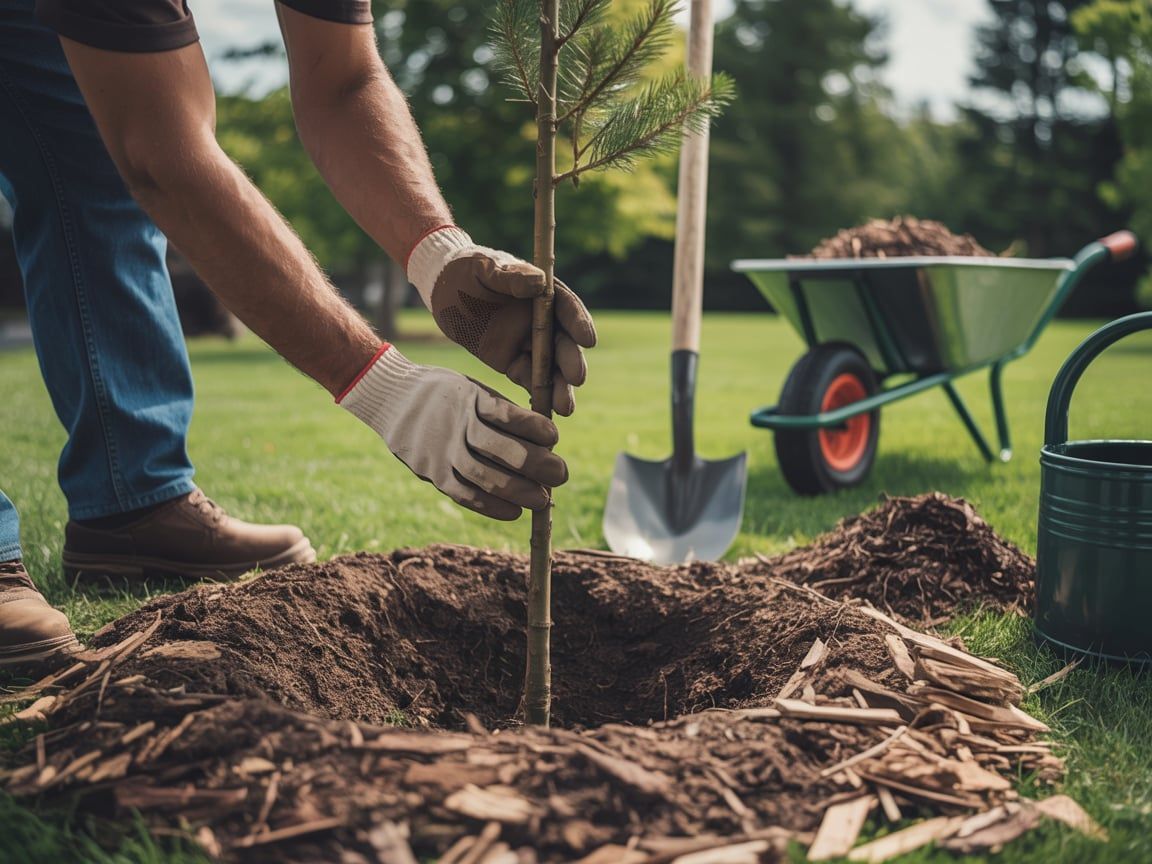 Person planting a young tree in a yard, using gloves and a shovel; wheelbarrow with mulch nearby.