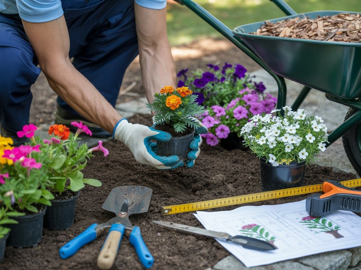 Man planting flowers in garden, surrounded by plants, tools, and wheelbarrow with mulch.