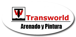 Logotipo de Transworld: texto en negro y rojo, con fondo ovalado blanco. «Transworld Arenado y Pintura».