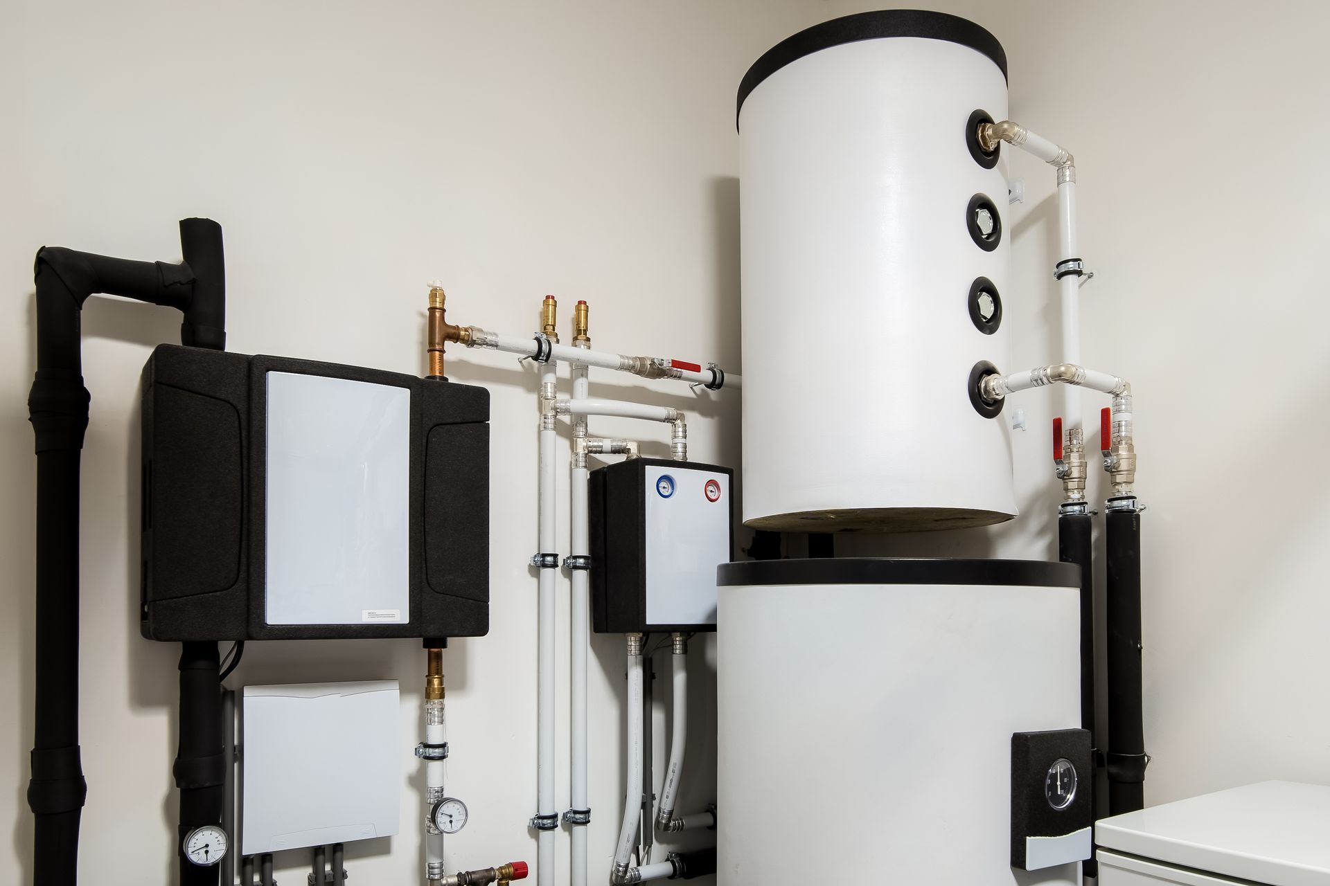 A room with a heater and a water heater in it