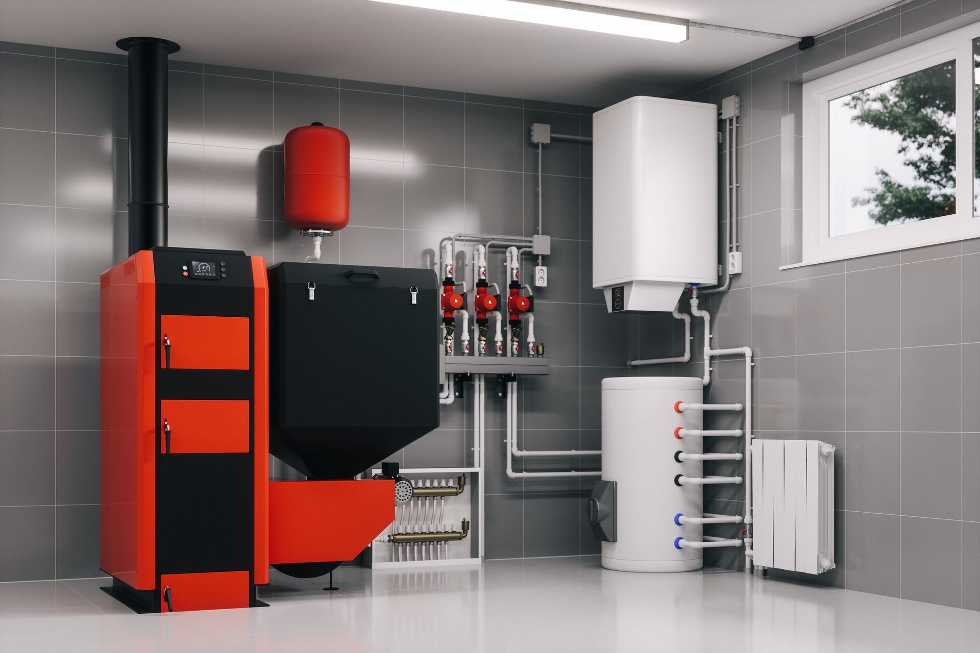 A red and black boiler is sitting in a room next to a window.
