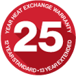 A circular red badge stating 