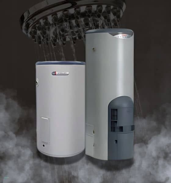 Two gray water heaters with showerhead above and steam effect.
