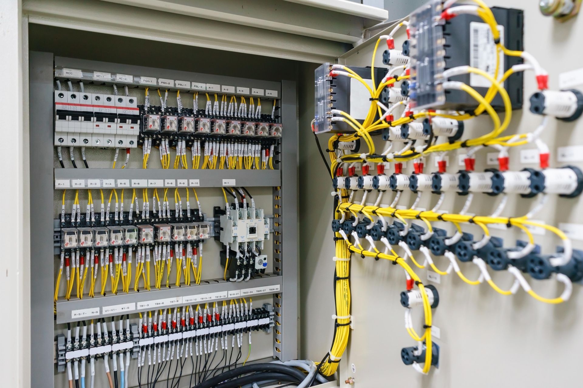 a close up of a electrical control panel with a lot of wires coming out of it .