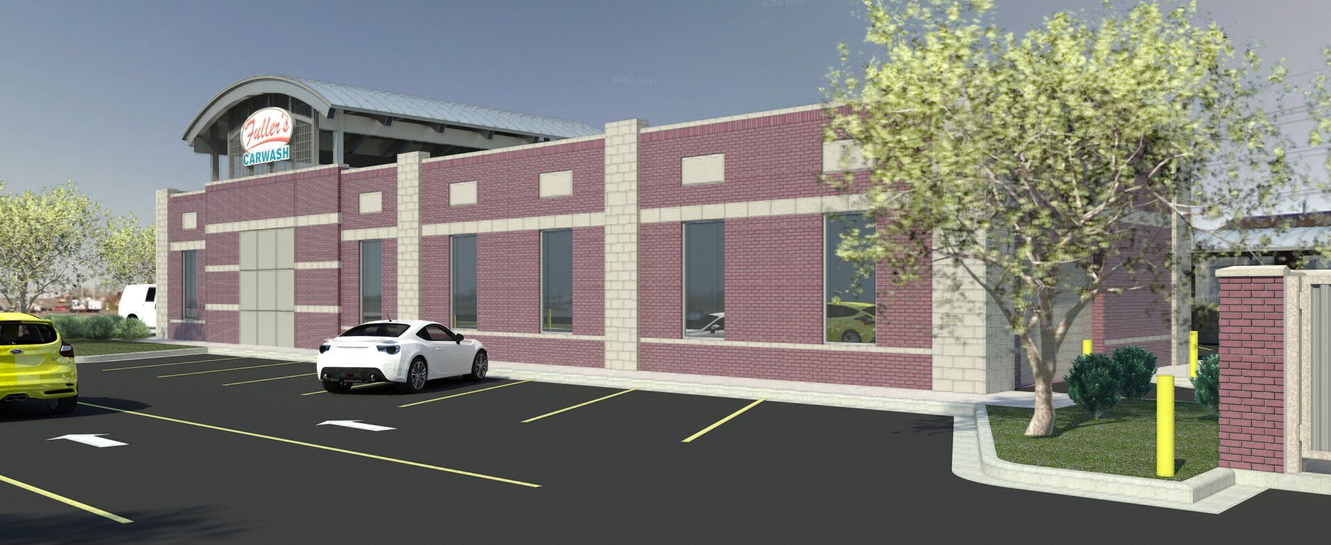 A rendering of a building with cars parked in front of it.