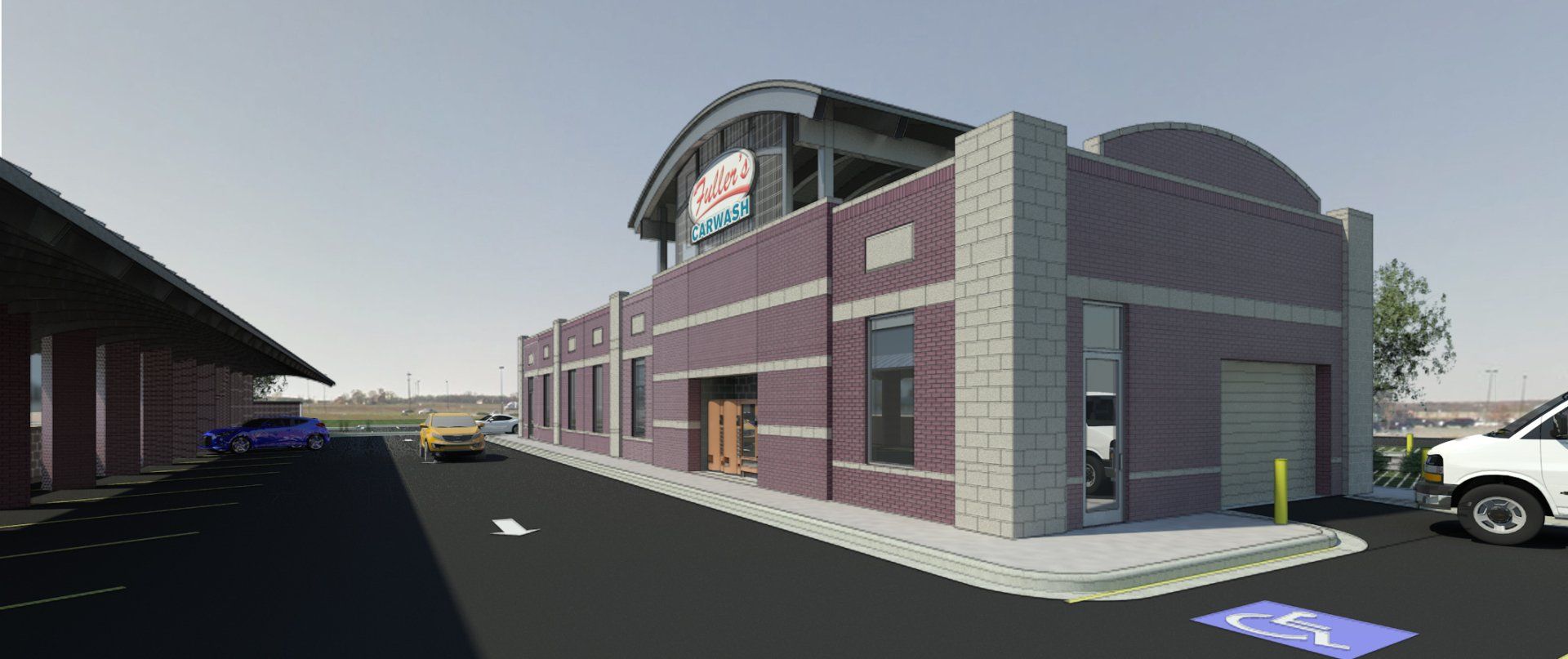 An artist 's impression of a building with a handicap sign on the sidewalk.