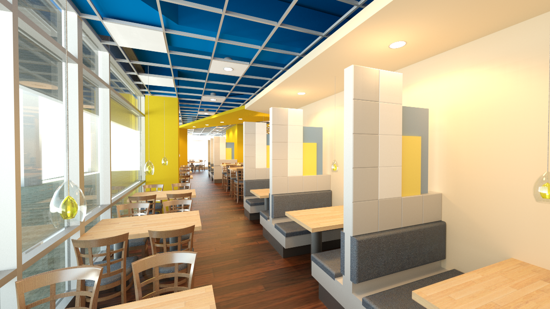 A restaurant with tables and benches and a blue ceiling